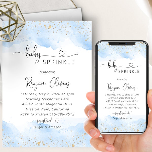 Blue Watercolor Baby Sprinkle Phone Evite+Printable Invite, Gold Glitter, Baby Blue Watercolor Splash, Boy Baby Shower Invitation, Template