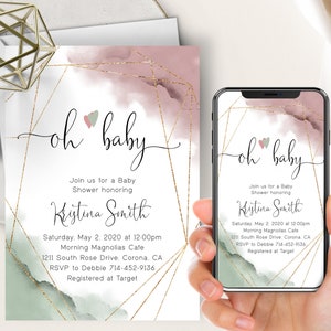 Sage & Dusty Rose Watercolor Baby Shower Phone Evite+Printable Invite, Gold Glitter, Green and Muave, Boho Invite, Gender Neutral