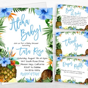 Blue Aloha Baby Shower Invite, Tropical Luau, Boy Invitation, Teal Blue Floral, Hawaiian, Pineapple Coconut, Baby Boy Invitation Set