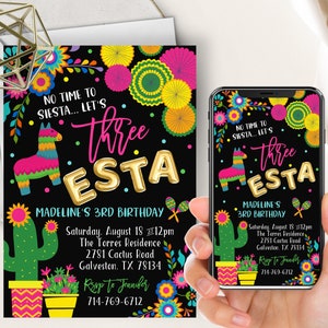 Three-esta Birthday Party Invitation, Let's Fiesta, Mexican Fiesta Themed Birthday Party Evite+Printable Invite, Girl, Cinco De Mayo, Cactus