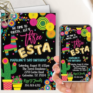 Three-esta Birthday Party Invitation, Let&#39;s Fiesta, Mexican Fiesta Themed Birthday Party Evite+Printable Invite, Girl, Cinco De Mayo, Cactus