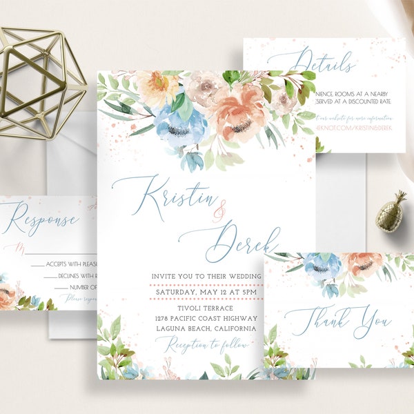 Dusty Blue Floral Wedding Invite Set, Peach Floral Watercolor, Ivory Greenery Wedding Invitation, Invitation Suite, Instant Download