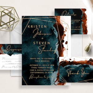 Teal And Burnt Orange Watercolor Wedding Suite, Blue Green, Terracotta, Modern Calligraphy, Minimalist, Gold Geometric Frame, Template