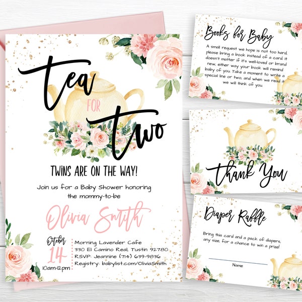 Pink Floral Twins Tea For Two Invite, Babies Are Brewing Invitation Set, Blush Pink Floral, Girl Twins, Brunch Tea Time, Teapot, Gold
