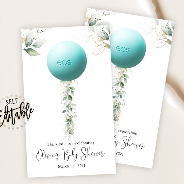 EOS Chapstick Party Favor Template, Greenery Blue Balloon, EOS Lip Balm Thank You Tag, Boho Eucalyptus Gold Succulents, Baby Shower Decor