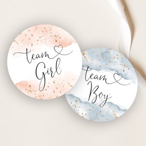 Watercolor Gender Reveal Stickers Template, 2 inch Round Tags, Blush Pink And Dusty Blue, Team Boy Team Girl, Boy Or Girl, He Or She