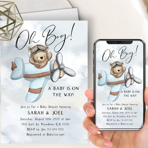Airplane Teddy Bear Baby Shower Evite+Printable Invite, Landing Soon, Vintage Airplane, Up Up and Away, Fly High, We Can Bearly Wait