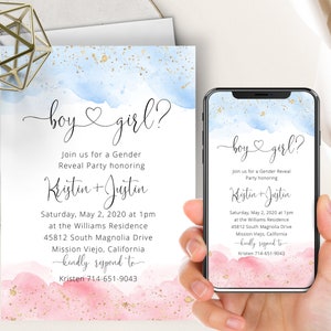 Gender Reveal Phone Invite, Watercolor Splash, Boy Or Girl, Text Message Invite, He Or She, Electronic, Digital, Reveal Party, Pink Or Blue