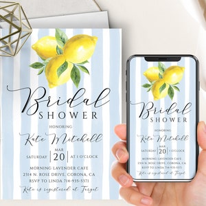 May include: A blue and white striped bridal shower invitation with a watercolor illustration of lemons. The invitation text reads "Bridal Shower Honoring Kate Mitchell Saturday March 20 at 1 o'clock Morning Lavender Cafe 2314 N. Rose Drive, Corona, CA RSVP to Linda 714-935-5371 Kate is registered at Target"