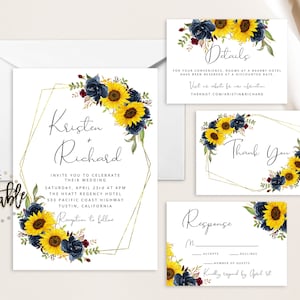 Navy And Sunflowers Wedding Suite, Navy Blue Floral Sunflower, Gold Geometric Invite Set, Gold Frame, Wedding Invitation Set, Yellow Floral