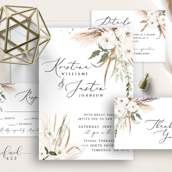 Boho Floral Wedding Invitation Set, Sage Greenery Pampas Grass, Bohemian Wedding Invite, White Floral Watercolor, Neutral Tones, Template