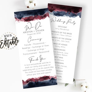 Watercolor Wedding Program Template, Navy Blue And Burgundy Watercolor Splash, Tea Length, Printable Ceremony, Order Of Events, Paint, We Do