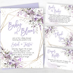 Lavender Baby In Bloom Invite Set, Purple Boho Succulents Eucalyptus, Girl Baby Shower, Greenery Floral, Gold Frame, Watercolor, Template