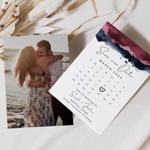 Burgundy Navy Save The Date Calendar, Phone Evite+Printable Invite, Watercolor Splash, Modern Calligraphy, Wedding, Editable Template