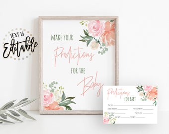 Floral Baby Shower Predictions Sign & Cards (Editable)
