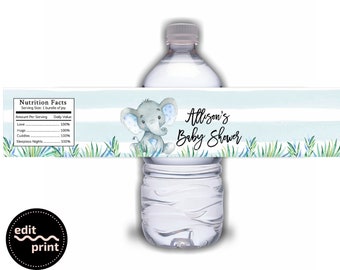 Printable Water Bottle Labels, Blue Elephant Baby Shower, Blue Elephant Labels, Editable Water Bottle Label, Boy Baby Shower