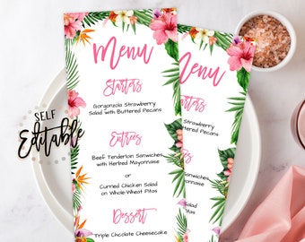 Tropical Luau Menu Template, Aloha Baby Shower, DIY Editable Lunch/Dinner Menu, Hawaiian Theme, Pink Hibiscus, Pink Flowers, Pineapple