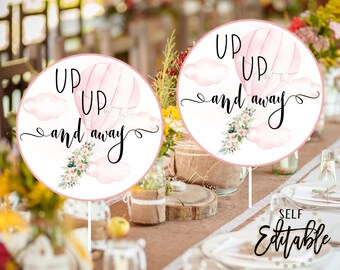 Floral Hot Air Balloon 5 inch Centerpieces, Up Up And Away Baby Shower, Birthday, Printable Cutouts, Blush Pink Floral GoldGirl, Table Decor