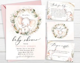 May include: A pink and gold baby shower invitation with a cute illustration of a baby elephant in a floral wreath. The invitation includes the text "Join us for a baby shower honoring Kaitlyn Hughes" and details for the event.