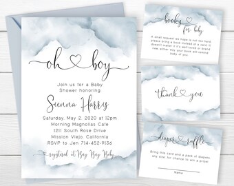 Dusty Blue Baby Shower Invite Set, Oh Boy Invite, Watercolor Splash, Modern Calligraphy Heart, Baby Boy Invitation, Editable Template
