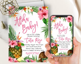 Girl Aloha Baby Shower Phone Evite+Printable Invite, Tropical Luau, Hawaiian, Pink Hibiscus, Pineapple, Coconut, Electronic Invitation