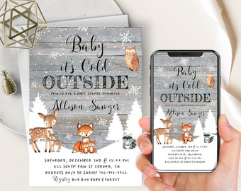 Baby It's Cold Outside Invitation, Woodland Animals Baby Shower, Phone Invite, Forest Animals, Winter, Snow, Snowflakes, Rustic, Electronic