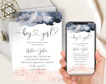 Rose Gold And Navy Gender Reveal, Phone Invite+Printable, Watercolor Splash, Boy Or Girl, Virtual Text Message Invite, He Or She, Electronic