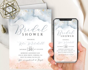 Watercolor Splash Bridal Phone Evite+Printable Invite, Dusty Blue & Blush Pink, Gold, Wedding Shower, Editable Template, Invitation