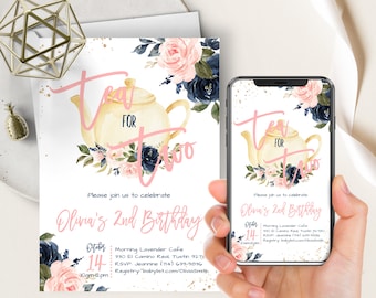 Tee für Zwei Geburtstags-Telefon Evite + Printable einladen , 2