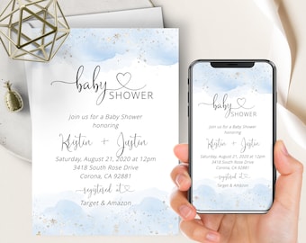 Blue Watercolor Baby Shower Invite, Electronic Evite, Watercolor Splash, Silver, Boy, Modern Calligraphy Heart, Text Message Invite