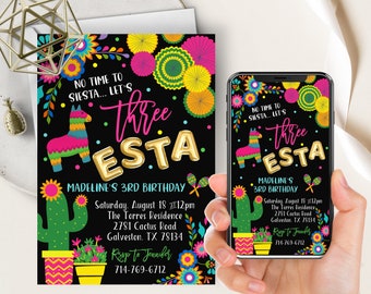 Drei-esta-Geburtstags-Party Einladung, lassen Sie uns Fiesta, mexikanische Fiesta unter dem Motto Geburtstagsparty Evite + Printable einladen , Mädchen, Cinco De Mayo, Kaktus