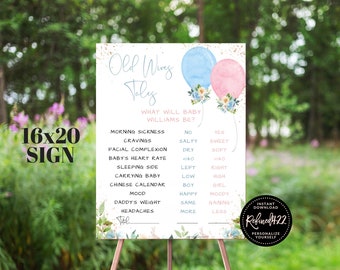 EDITABLE Old Wives Tales Sign, Pink Blue Watercolor Balloons, Dusty Blue Floral Gold, Gender Reveal, Gender Reveal Poster, Boy Or Girl