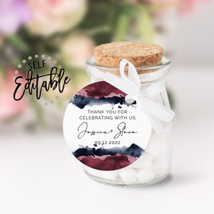 Wedding Favor Tag, Party Favor Gift Tags, Burgundy And Navy Blue Watercolor Stains, Thank You Tags, Maroon, Modern, Minimalism, Round