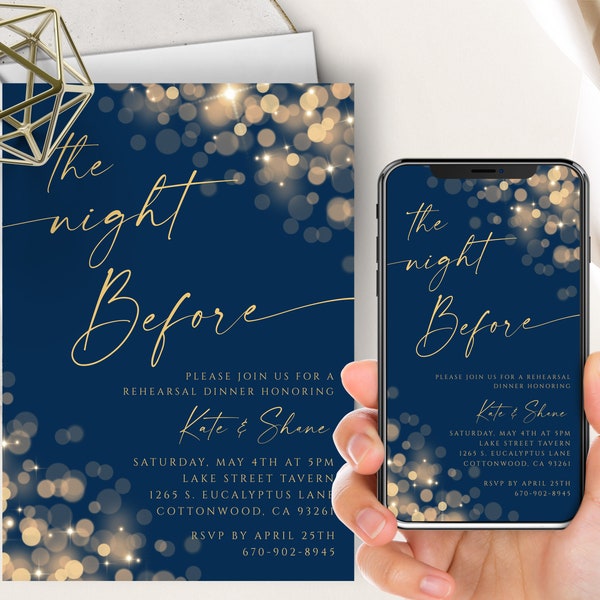 Navy Blue And Gold Rehearsal Dinner Phone Evite+Printable Invite, Bokeh Glitter Lights, The Night Before Invitation, Navy Blue Wedding