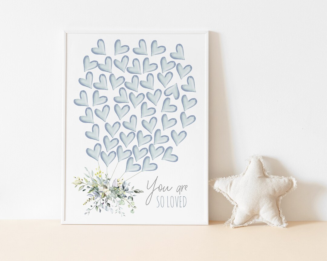 50 Blue Hearts Greenery Guestbook, Dusty Blue Floral, Signature
