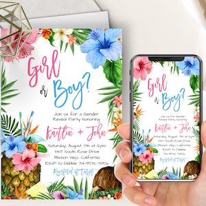 Hawaiian Themed Gender Reveal Phone Evite+Printable Invite, Aloha, Luau, Tropical, Pink And Blue Hibiscus Floral, He Or She, Boy Or Girl