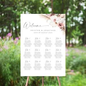 Gráfico de assentos florais Mauve Boho, placa de números de mesa, modelo de plano de assentos, grama de pampas, flores secas, rústico, tons de terra