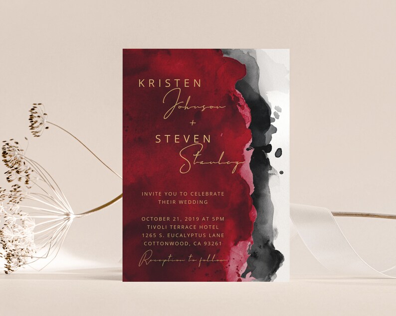 Red Black Watercolor Wedding Phone EvitePrintable Invite, Apple Red, Charcoal, Minimalism, Modern, Electronic, Text Message Invitation image 3