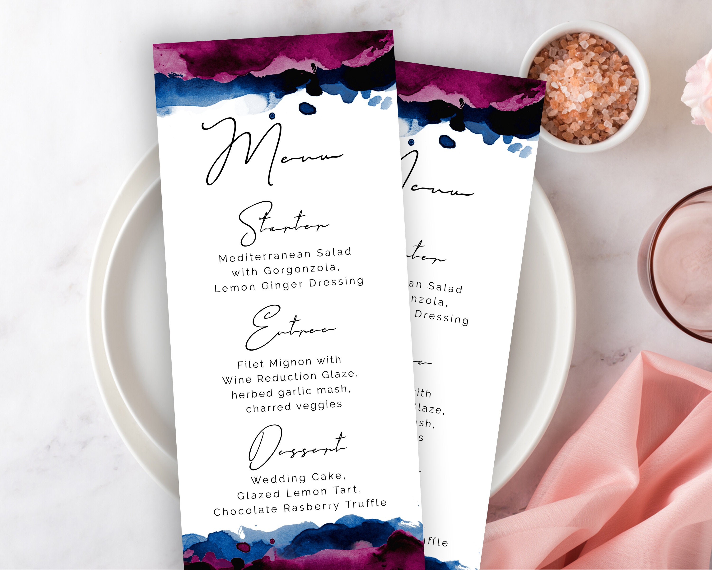 Sangria and Royal Blue Watercolor Menu, Wedding Dinner Menu Template, Fuchsia Pink, ANY OCCASION, Modern Calligraphy, DIY Editable Food Menu