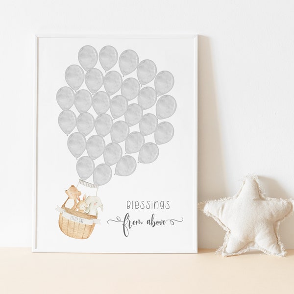 30 Balloons Gray Hot Air Balloon Guestbook Poster, Bunny Rabbit Elephant Bear, Signature Guest book,Baby Shower, Neutral, Nursery Wall Art