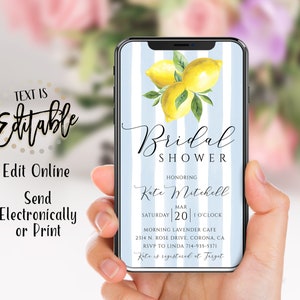 May include: A blue and white striped digital invitation with a watercolor illustration of lemons. The text reads "Bridal Shower Honoring Kate Mitchell Saturday, March 20, 1 o'clock Morning Lavender Cafe 2314 N. Rose Drive, Corona, CA RSVP to Linda 714-935-5371 Kate is registered at Target"
