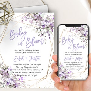 Lavender Baby In Bloom Phone Evite+Printable Invite, Boho Succulents Eucalyptus, Girl Baby Shower, Purple Floral Greenery, Gold Frame