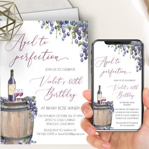 Winery Birthday or Anniversary Phone Evite+Printable Invite, Aged To Perfection, Red Wine, Vineyard, Grapes, Cheers, ANY OCCASION, Editable