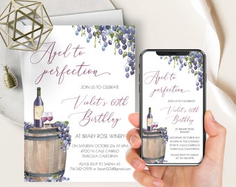 Winery Birthday or Anniversary Phone Evite+Printable Invite, Aged To Perfection, Red Wine, Vineyard, Grapes, Cheers, ANY OCCASION, Editable