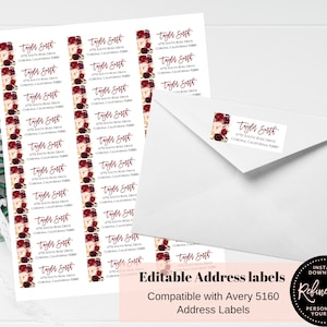 Floral Return Address Labels, Editable Address Label Template, Burgundy Marsala Merlot Flowers, Wedding, Birthday, Bridal Shower, Avery
