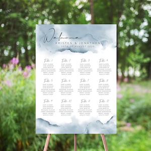 Dusty Blue Watercolor Splash Wedding Seating Chart, Table Number Sign, Modern Calligraphy, Minimalist, Editable Seat Plan Template