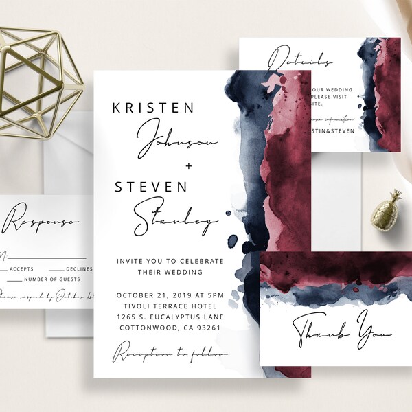 Burgundy Navy Watercolor Wedding Invite Set, Modern Calligraphy, Minimalist, Navy Blue And Maroon Watercolor Splash, Elegant, Simple Wedding