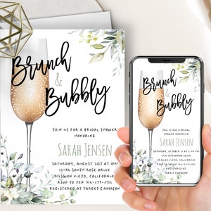 Boho Greenery Brunch And Bubbly Phone Evite+Printable Invite, Succulents, Champagne Bridal Shower, Dusty Blue, Eucalyptus, Champagne Flute