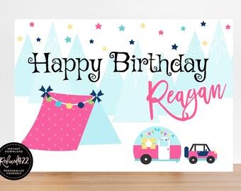 EDITABLE Glamping Backdrop, Sign, Birthday Poster, Let's Go Glamping, Slumber Party, Camping Girl Birthday, Instant Download, Camper Tent