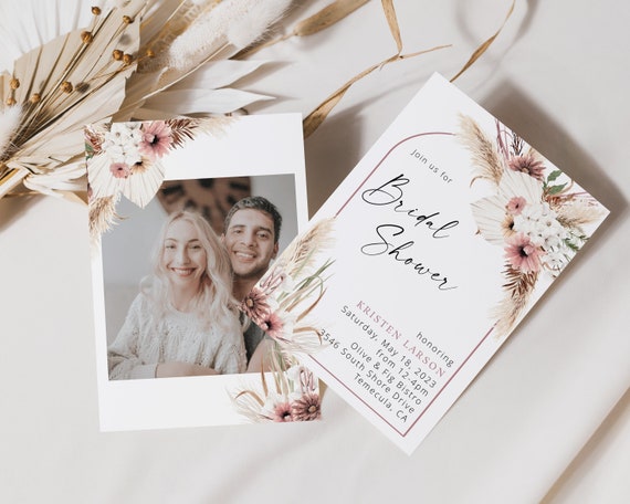 Mauve Boho Floral Bridal Shower Invite, Pampas Grass, Dried Flowers, Arch, Rustic, Blush, Neutral Earth Tones, Eucalyptus Greenery, Evite